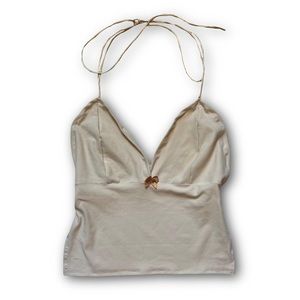 Y2K handmade cream velvet open back tie top xs